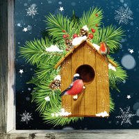 Fensterbild Winter Vogelhäuschen Tannenzweige Weihnachten Schneeflocken Kälte Fensteraufkleber Küche Eingang Vogelhaus Holzhütte von WandtattooLoftBaltic