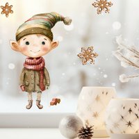 Mini Fensterbild Elfe Mit Spielzeugauto Winter Weihnachten Schneeflocken Lebkuchen Fensteraufkleber Wiederverwendbar Kinderzimmer von WandtattooLoftBaltic
