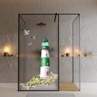Sichtschutzfolie Duschkabine Leuchtturm Grün Möwen Steilküste Maritime Fensterfolie Dusche Duschglastür Duschwand Bunte Milchglasfolie von WandtattooLoftBaltic