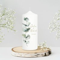 Weiße Hochzeitskerze Mit Eukalyptuszweig Boho Personalisiert Kerze Hochzeit Name Wunschdaten Wunschtext von WandtattooLoftBaltic