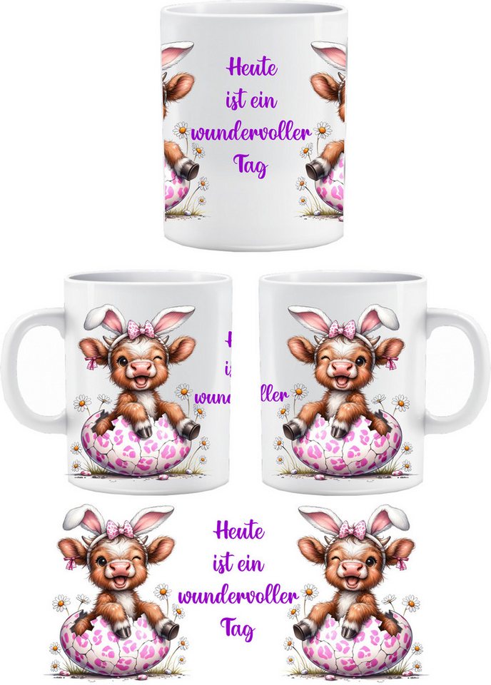 Wandtattoodesign Tasse Tasse mit lustigem Druck Babykuh auf Osterei zu Ostern Gallowayrind, mit lustigem Kuhmotiv Sublimationsdruck von Wandtattoodesign