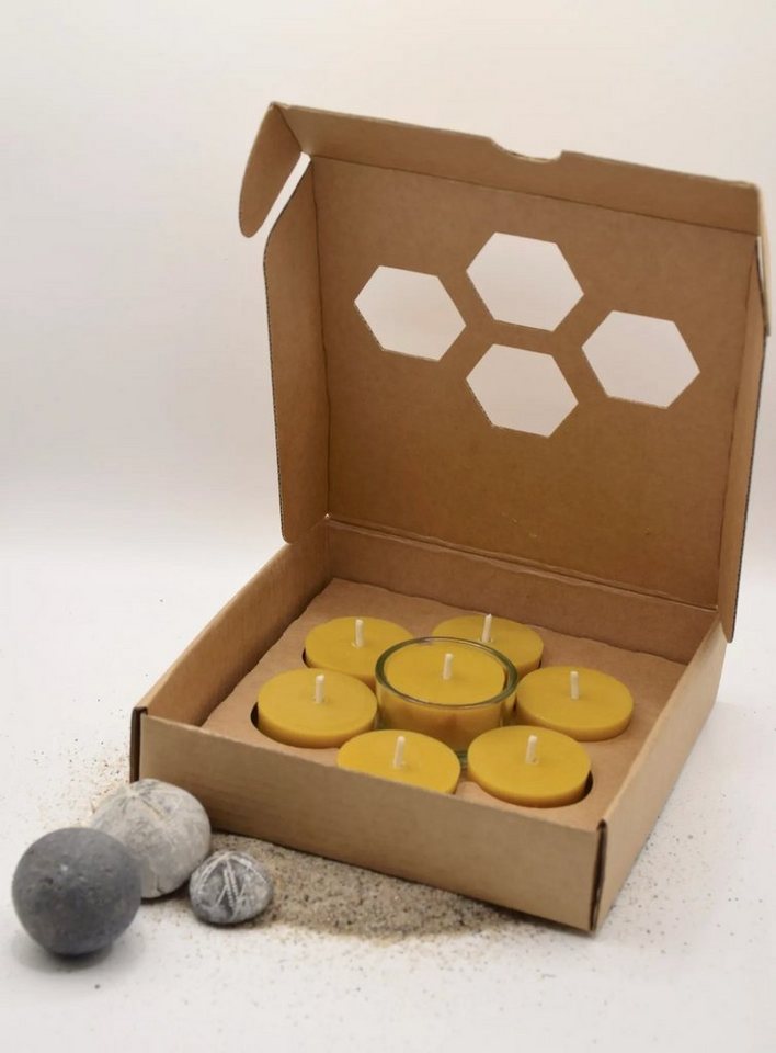 Wandtattoodesign Bienenwachskerze Kerze Bienenwachs Teelichter 7 Stück mit Glas in Geschenkverpackung (1-tlg), inkl. Glas in Geschenkverpackung von Wandtattoodesign