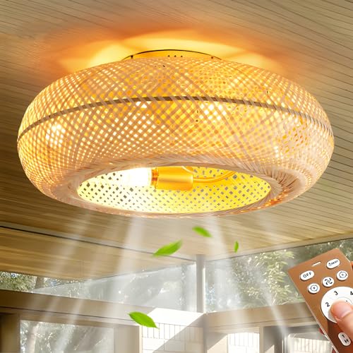 Wandun Deckenventilator mit Beleuchtung und Fernbedienung Retro Leise Ventilator Kronleuchter E27 Handgewebte Fan Deckenleuchte Rattan Bambus Deckenlampe für Wohnzimmer Esszimmer Lüfter Licht von Wandun