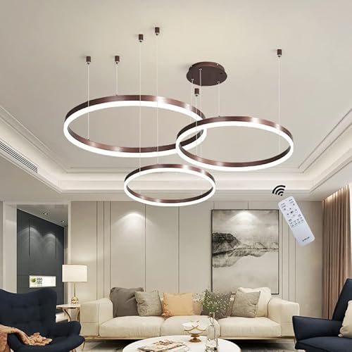 Wandun Moderne LED Pendelleuchte, 3-Ringe Kollektion, Brown Farbe, Verstellbarer HäNgeleuchter, Moderne Deckenleuchte, mit Fernbedienung Dimmbar, 3000k - 6000k, mit Speicherfunktion, 68w von Wandun