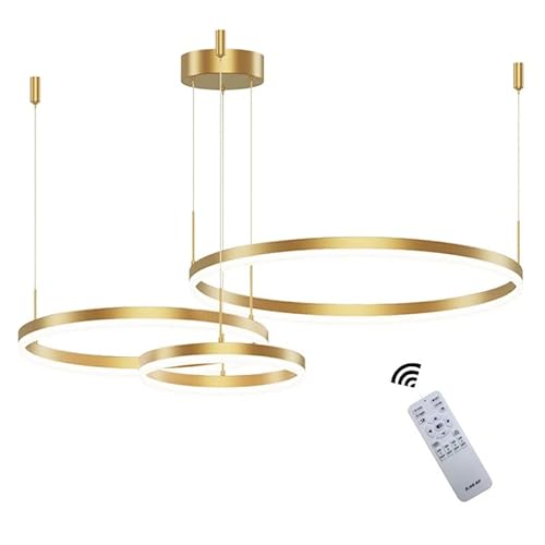 Wandun Moderne LED Pendelleuchte, 3-Ringe Kollektion, Gold Farbe, Verstellbarer HäNgeleuchter, Moderne Deckenleuchte, mit Fernbedienung Dimmbar, 3000k - 6000k, mit Speicherfunktion, 68w von Wandun