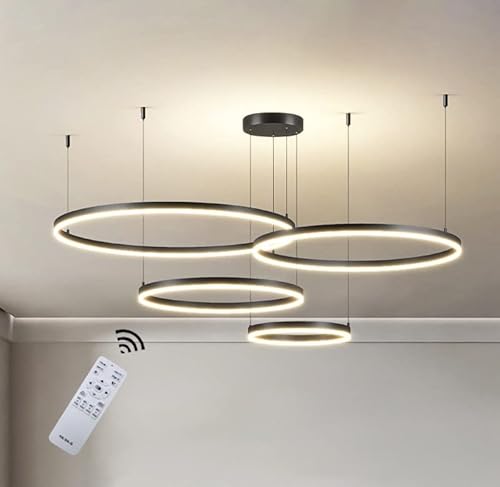 Wandun Moderne LED Pendelleuchte, 4-Ringe Kollektion, Black Farbe, Verstellbarer HäNgeleuchter, Moderne Deckenleuchte, mit Fernbedienung Dimmbar, 3000k - 6000k, mit Speicherfunktion, 68w von Wandun