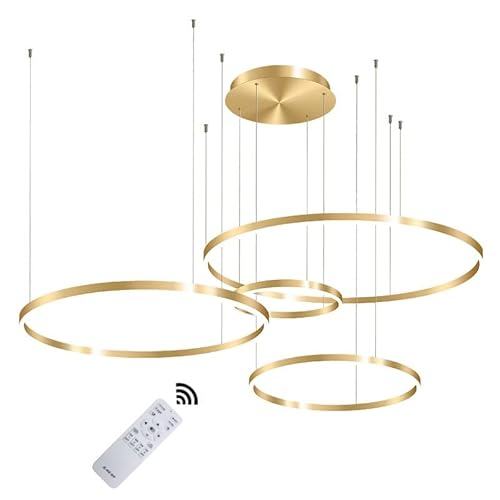 Wandun Moderne LED Pendelleuchte, 4-Ringe Kollektion, Gold Farbe, Verstellbarer HäNgeleuchter, Moderne Deckenleuchte, mit Fernbedienung Dimmbar, 3000k - 6000k, mit Speicherfunktion, 68w von Wandun