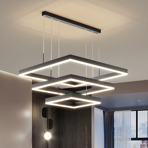 Wandun Pendelleuchte LED Pendellampe Dimmbar Schwarz Hängelampe 3-Quadratischer Kronleuchter Moderne Höhenverstellbar Pendelleuchte für Wohnzimmer Schlafzimmer Esszimmer (Size : 40 * 60 * 80) von Wandun