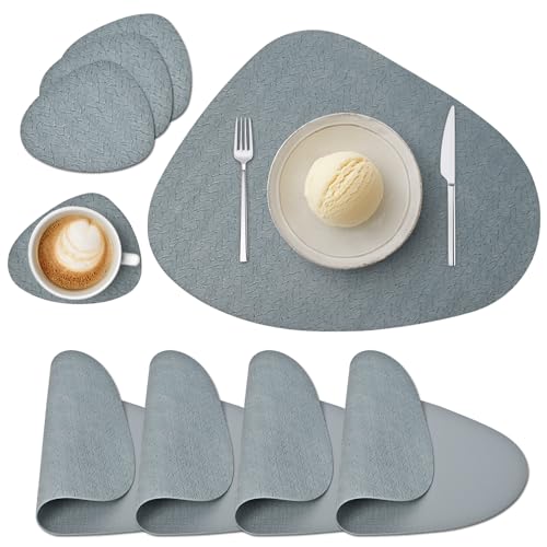 Tischsets Abwaschbar und Untersetzer, Platzset Leder Rund rutschfest Platzdeckchen wasserdicht Hitzebeständig Doppelseitigen Platzset Lederoptik (4er Set, Blau) von Wanfolle