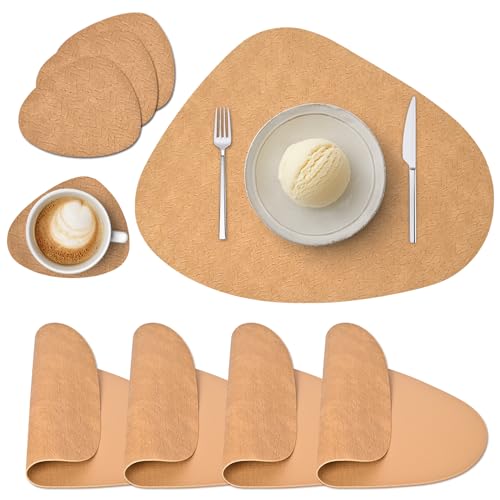 Tischsets Abwaschbar und Untersetzer, Platzset Leder Rund rutschfest Platzdeckchen wasserdicht Hitzebeständig Doppelseitigen Platzset Lederoptik (4er Set, Gelb) von Wanfolle