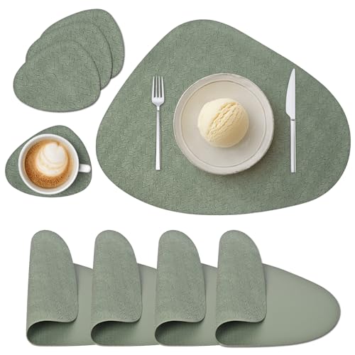 Tischsets Abwaschbar und Untersetzer, Platzset Leder Rund rutschfest Platzdeckchen wasserdicht Hitzebeständig Doppelseitigen Platzset Lederoptik (4er Set, Grün) von Wanfolle