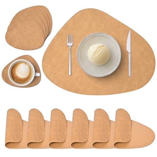 Tischsets Abwaschbar und Untersetzer, Platzset Leder Rund rutschfest Platzdeckchen wasserdicht Hitzebeständig Doppelseitigen Platzset Lederoptik (6er Set, Gelb) von Wanfolle