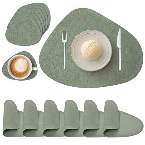 Tischsets Abwaschbar und Untersetzer, Platzset Leder Rund rutschfest Platzdeckchen wasserdicht Hitzebeständig Doppelseitigen Platzset Lederoptik (6er Set, Grün) von Wanfolle