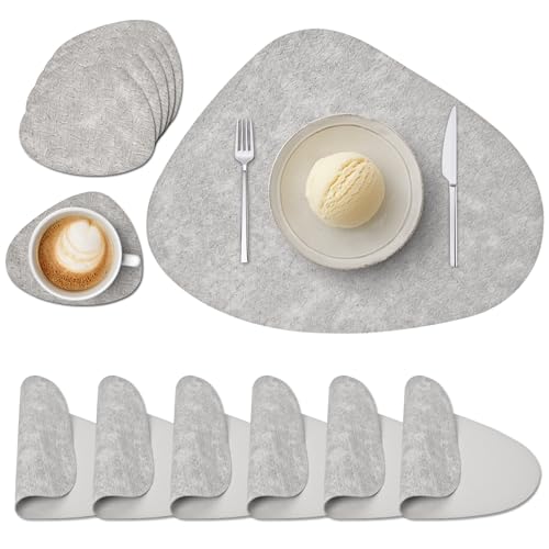 Tischsets Abwaschbar und Untersetzer, Platzset Leder Rund rutschfest Platzdeckchen wasserdicht Hitzebeständig Doppelseitigen Platzset Lederoptik (6er Set, Hellgrau) von Wanfolle