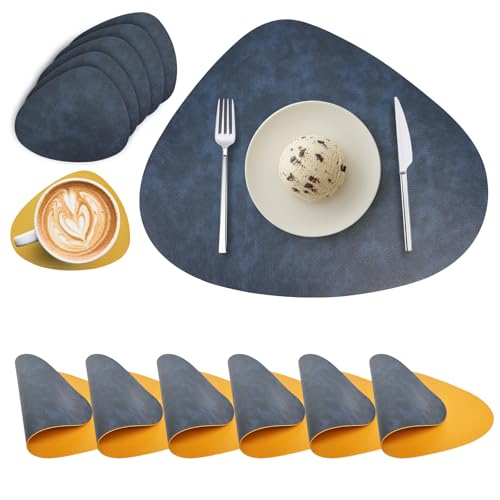 Tischsets Abwaschbar und Untersetzer, Tischsets Leder Platzsets Rund Doppelseitigen Abwischbar Hitzebeständig rutschfest Platzdeckchen Tischsets Lederoptik 6er Set (Blau Gelb) von Wanfolle