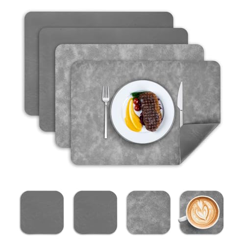 Wanfolle Tischsets Abwaschbar und Untersetzer 4er Set, Tischsets Leder Platzset Abwischbar Doppelseitigen Hitzebeständig Wasserdicht rutschfest Platzdeckchen Lederoptik (Grau Dunkelgrau) von Wanfolle