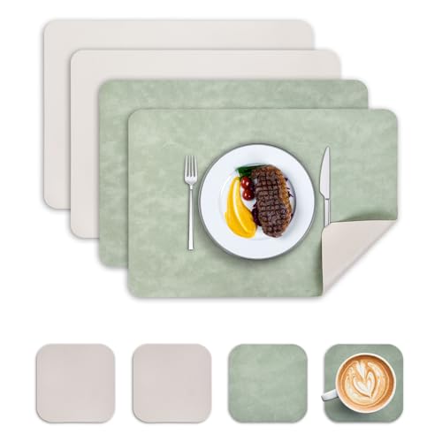 Wanfolle Tischsets Abwaschbar und Untersetzer 4er Set, Tischsets Leder Platzset Abwischbar Doppelseitigen Hitzebeständig Wasserdicht rutschfest Platzdeckchen Lederoptik (Grün Elfenbeinweiß) von Wanfolle
