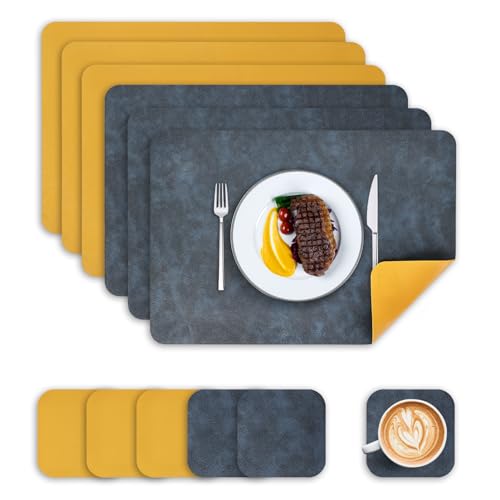 Wanfolle Tischsets Abwaschbar und Untersetzer 6er Set, Tischsets Leder Platzset Abwischbar Doppelseitigen Hitzebeständig Wasserdicht rutschfest Platzdeckchen Lederoptik (Blau Gelb) von Wanfolle