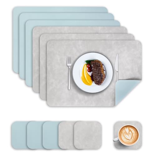 Wanfolle Tischsets Abwaschbar und Untersetzer 6er Set, Tischsets Leder Platzset Abwischbar Doppelseitigen Hitzebeständig Wasserdicht rutschfest Platzdeckchen Lederoptik (Hellgrau Hellblau) von Wanfolle