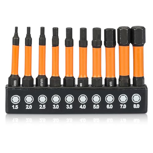 10-teiliges Sechskant-Inbusschlüssel-Bohrer-Set, Inbusschlüssel-Bohrer-Set, 6,35 mm Sechskantschaft, Magnetbohrer, Schlagschrauber-Bits, metrische Innensechskant-Schraubendreher-Bits (H1,5-H8) von WangLaoWu