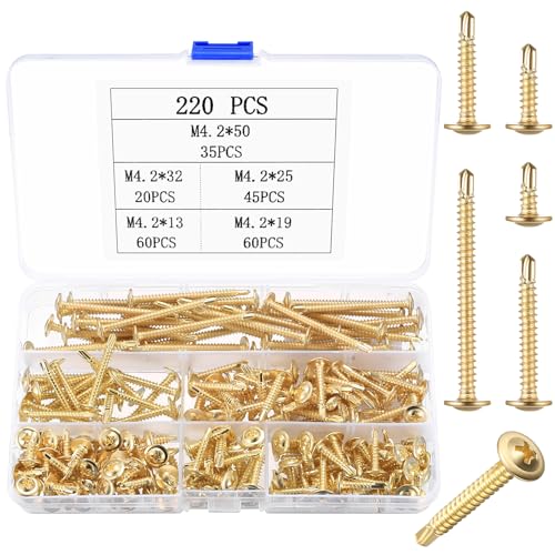 Bohrschrauben Selbstschneidende Schrauben, M4.2 Edelstahl Blechschrauben Selbstbohrende Schraube Set, Senkkopf Kreuzschlitzschrauben Metallschrauben für Blechbefestigung (220Goldfarben) von WangLaoWu