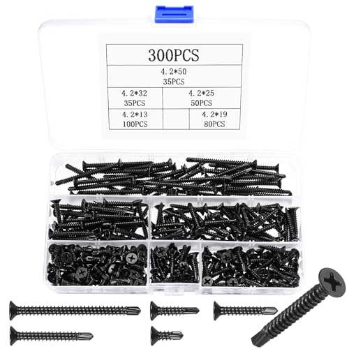 Bohrschrauben Selbstschneidende Schrauben, M4.2 Edelstahl Blechschrauben Selbstbohrende Schraube Set, Senkkopf Kreuzschlitzschrauben Metallschrauben für Blechbefestigung (300schwarz) von WangLaoWu