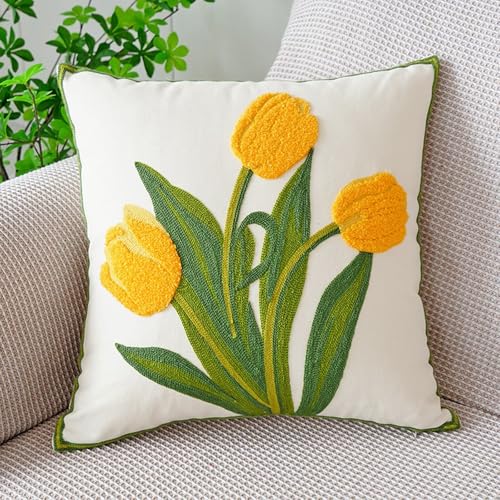 Wangark 2stk Kissenbezug 45x45 Frühling 2er Set Baumwolle Dekokissen Kissenbezüge Blumen Kissenhüllen Frühlings Deko Weiche Boho-Stil Zierkissenbezüge Kissen Tulpe Sofakissen Kissenbezug für Heimdekor von Wangark