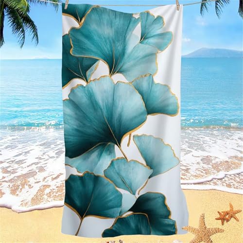 Blau Ginkgoblatt Mikrofaser Handtuch, Badehandtuch Groß 90x180 Stranddecke Sandfrei, Dünnes Tragbares, Schnelltrocknendes Handtuch, Druckknopf-Design Ultra Saugfähig Strandtuch für Camping Reise D-72 von Wangdoud