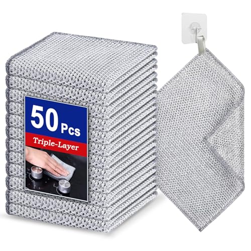Wangjinpeng 50 Stück 3-lagige, kratzfeste Mehrzweck-Geschirrtücher aus Stahldraht, wiederverwendbar, schnell trocknend, geruchsfrei, Scheuertücher für Geschirr, Küchenreinigungstücher für Kochgeschirr von Wangjinpeng
