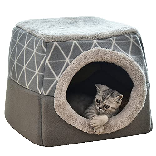 Katzenhöhle 2-in-1 Faltbares Katzenzelt Katzenzelt Katzenbett Katzenhaus rutschfest Warm Indoor halbgeschlossenes Haustier Hundebett Schlafhaus mit Abnehmbarem waschbarem Kissen, 38 x 38 x 34 cm, Grau von Wangle