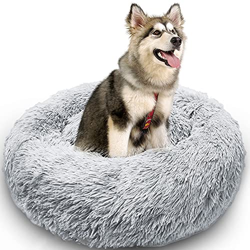 Plüsch-Hundebett, Donut-Haustierbett, rund, warm, kuschelig, Hundekissen, Schlafsack, für große und mittelgroße Hunde, verbesserter Schlaf, rutschfeste Unterseite, grau, 130 cm von Wangle