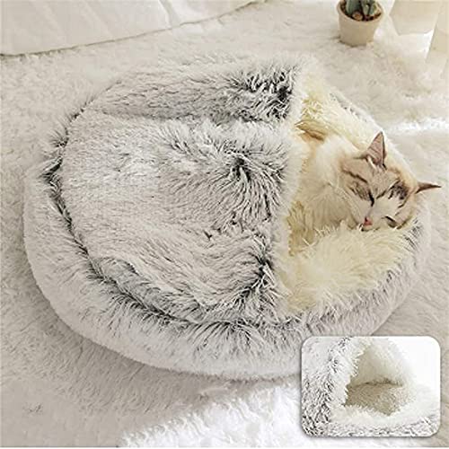 Rundes Katzenbett Nest aus weichem flauschigem Plüsch, Höhle mit Kapuze für Katzen und kleine Hunde, Haustierzelt, Schlafbett, Winter, warm, rutschfest, maschinenwaschbar, Premium-Bett, 60 cm, Grau B von Wangle