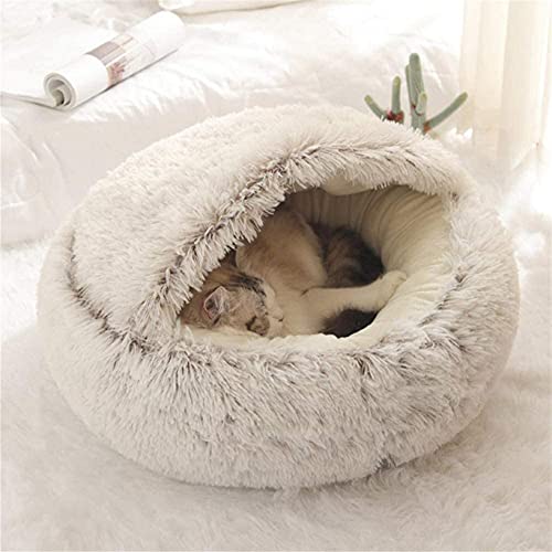 Rundes Katzenbett Nest aus weichem flauschigem Plüsch, Höhle mit Kapuze für Katzen und kleine Hunde, Haustierzelt, Schlafbett, Winter, warm, rutschfest, maschinenwaschbar, Premium-Bett von Wangle