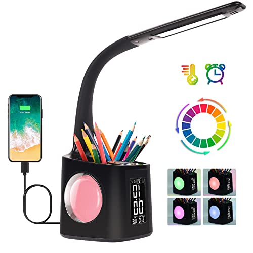 LED-Schreibtischlampe, Schreibtischlampe für Kinder, mit RGB Farbe, Nachtlicht, Schreibtischlampe mit Uhr/Wecker/Temperatur/Kalender/Tür – Stift, Nachttischlampe, Touchscreen, dimmbar, USB Lampe – von Wanjiaone