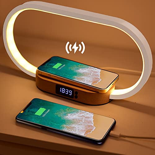 Wanjiaone Nachttischlampe mit Ladefunktion, Nachttischlampe mit Uhr und USB-Aufladung, 10W Wireless Charger, 3 Farbmodi, Tischlampe Touch Dimmbar für Schlafzimmer Büro, Holz&Weiß von Wanjiaone