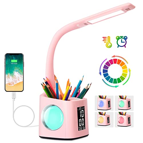 Wanjiaone Schreibtischlampe mit Uhr und Wecker, Schreibtischlampe für Kinder mit Nachtlicht und Stifthalter, Tischleuchte Eye Caring, dimmbar, Schreibtischlampe für Mädchen/Junge/Jugendliche – Rosa von Wanjiaone