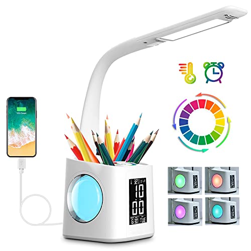 Wanjiaone Schreibtischlampe Kinder LED,Tischlampe Dimmbar mit Uhr, Nachttischlampe Tischleuchte mit 256 RGB Nachtlicht/Stifthalter/USB-Anschluss/3 Helligkeitsstufen/Wecker/für Studium, Büro von Wanjiaone