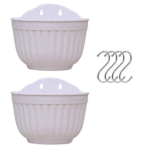 Wankd 2er Set Wandblumentopf - halbrund - Wandampel - Übertopf - Weiss - Draußen & Balkon - with 4 Haken - L 21 x W 12.5 x H 18 cm (Weiß) von Wankd