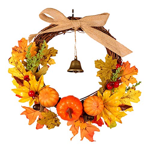 Wankd Herbst Kranz,Thanksgiving Herbst Kranz Bell Ahorn Kürbis Tür Fenster Weihnachten Dekoration Rattan Ring hängen (30cm) von Wankd