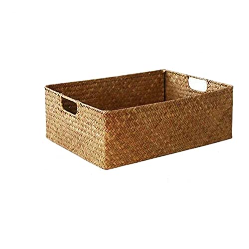 Rechteckiger Aufbewahrungskorb aus Seegras mit Griff, handgefertigter Aufbewahrungskorb, Patchwork-Rattan, Seegras, Bauch, Strohhalm, Garten Blumentopf, Wäschekorb, M-33X23X11CM von Wankd