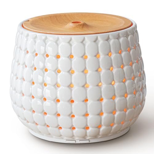 Weißer Keramik-Öl-Diffusor für ätherische Öle großen Raum, 250ml Aromatherapie-Öl-Diffusor kühlen Nebel Luftbefeuchter mit 7 Farben Lichter 2 Nebel-Modi von Wanlola