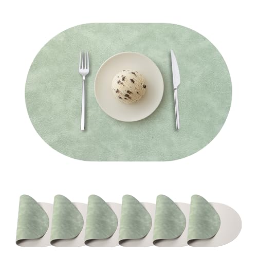 Ovale Tischsets 6er Set, Kunstleder Platzsets für Esstisch Doppelseitige Platzsets Hitzebeständig Waschbar Abwischbar Tischmatten für Innen Außen, Grün/Beige von Wanlvhu
