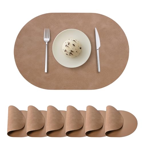 Ovale Tischsets 6er Set, Kunstleder Platzsets für Esstisch Doppelseitige Platzsets Hitzebeständig Waschbar Abwischbar Tischmatten für Innen Außen, Kamel von Wanlvhu