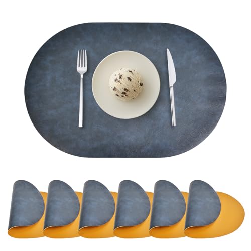 Ovale Tischsets 6er Set, Kunstleder Platzsets für Esstisch Doppelseitige Platzsets Hitzebeständig Waschbar Abwischbar Tischmatten für drinnen und draußen, Blau/Gelb von Wanlvhu