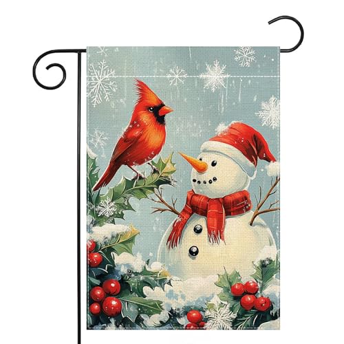 Gartenflagge Schneemann mit rotem Vogel von Wanpluml