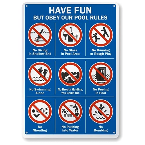 Swimming Pool Rules Metallschild – "Have Fun But Obey Our Pool Rules" – 35,6 x 25,4 cm Pool Warnschild – Rostfreies Aluminium, UV-, wasserdicht und wetterbeständig von Wanwanzi