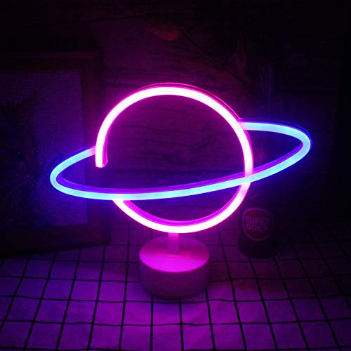 Planet Neonlicht und Sockel LED Neonlicht Tischlampe hellblau rosa Planet Nachtlicht USB/Batterie Dekoration Zeichen außer Tisch Kinderzimmer Geburtstagsfeier Hochzeit Lieferungen (9,4"×11,8 '')… von Wanxing