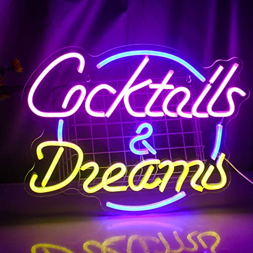 Cocktails & Dreams Neon Schild, Cocktail Neonlicht für Wanddekoration, Neonlicht Schriftzug mit USB für Schlafzimmer, Cocktail Bar, Schaufenster, Hotel von Wanxing