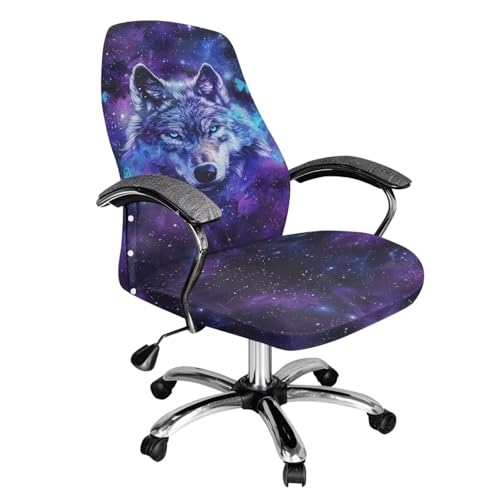 Wanyint Bürostuhlbezug, Motiv: Wolf Galaxie, Schmetterling, abnehmbar, drehbar, für Armlehnen, abnehmbarer Drehstuhl-Schonbezug, dehnbarer Spandex-Stoffbezug, Größe L von Wanyint