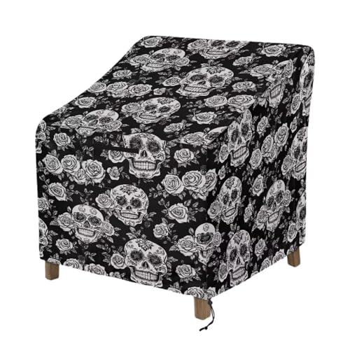 Wanyint Gartenstuhlhussen, wasserdicht, Terrasse, stapelbar, winddicht, strapazierfähig, Schutz für Gartenmöbel, passend für bis zu 96 x 96 x 92 cm, Gothic-Totenkopf-Rose von Wanyint